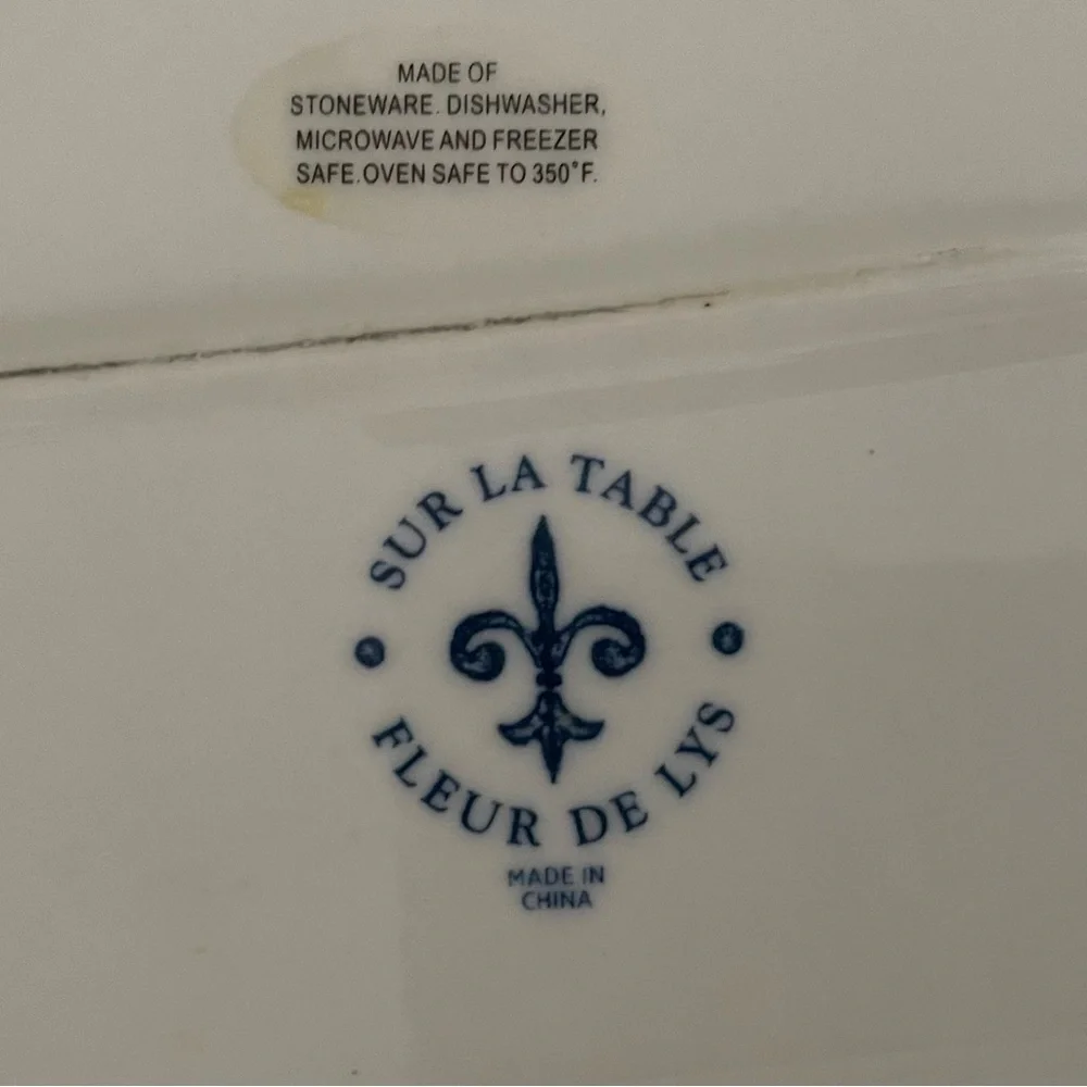 Sur La Table Fleur de Lis Blue and White Ceramic platter 14”x8”